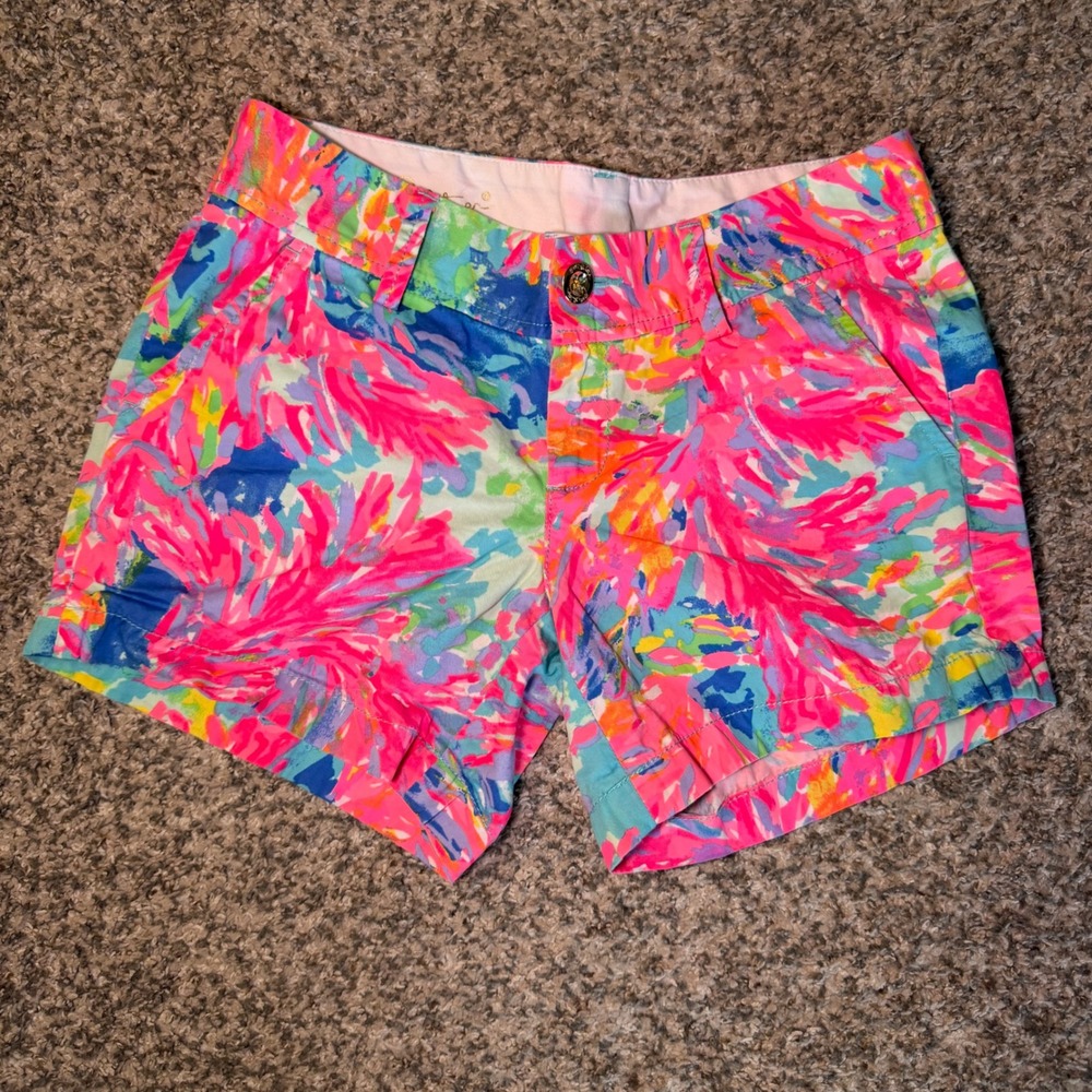 Lilly Pulitzer Callahan Shorts Womens 0 Pink Blue Floral Abstract Cotton Chino